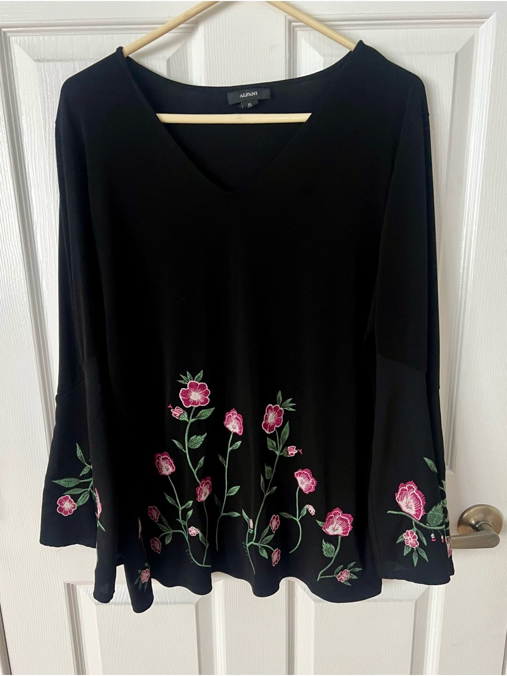 Alfani Black V-Neck Tunic with Pink Floral Embroidery